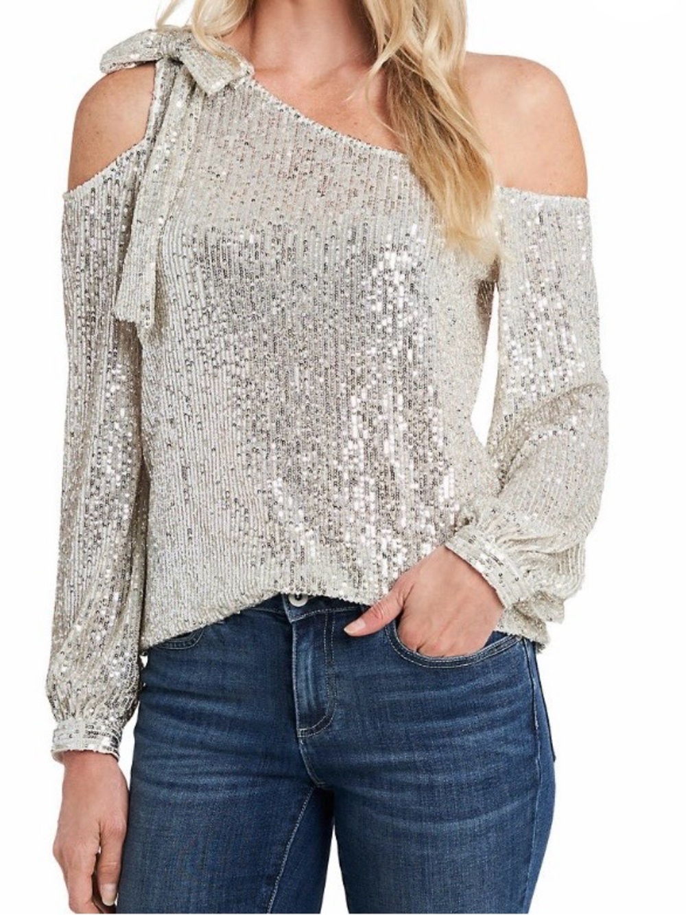 CeCe Silver Sequin One-Shoulder Cold-Shoulder Top